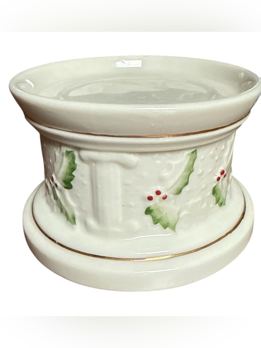 Belleek Ireland Holly Porcelain Pillar Candle Holder Christmas Gold Trim